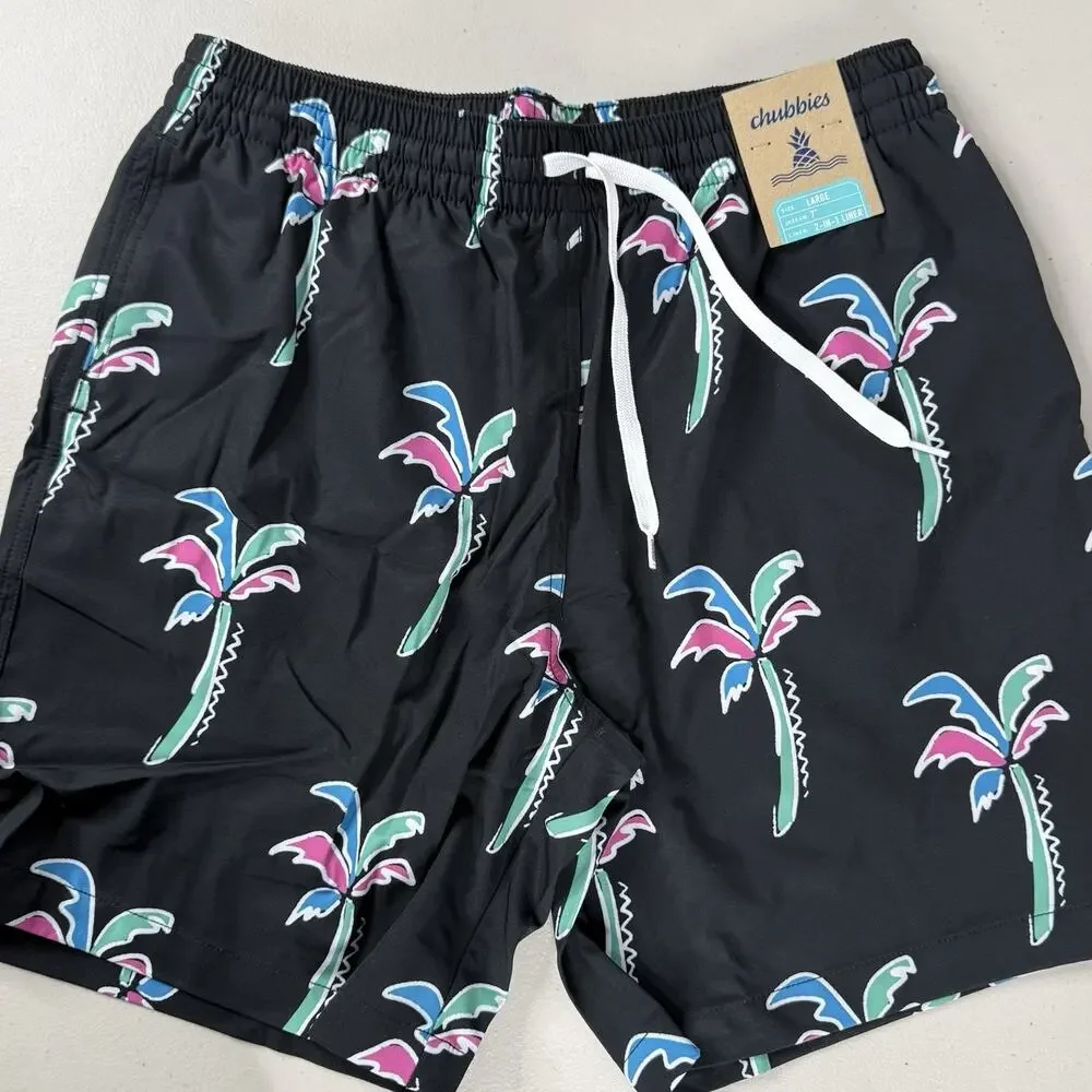 Chubbies Mens 7” Swim Trunks L Black Palm Trees Print 2in1 Liner